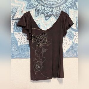 South Pole Women's Brown Graphic Ruffle Sleeve Top M Grunge Skater